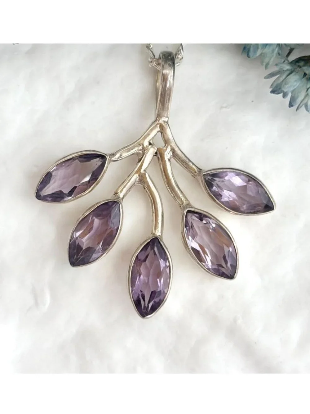 Amethyst Branched Leaves Sterling Silver 925 Vintage Pendant Necklace - 18